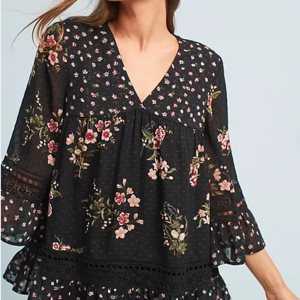 Anthropologie Maeve Steffy Bell Sleeve Black Floral Top Size XS - Picture 12 of 13
